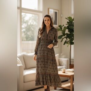 Max Studio Brown Patterned Long Sleeve Dress